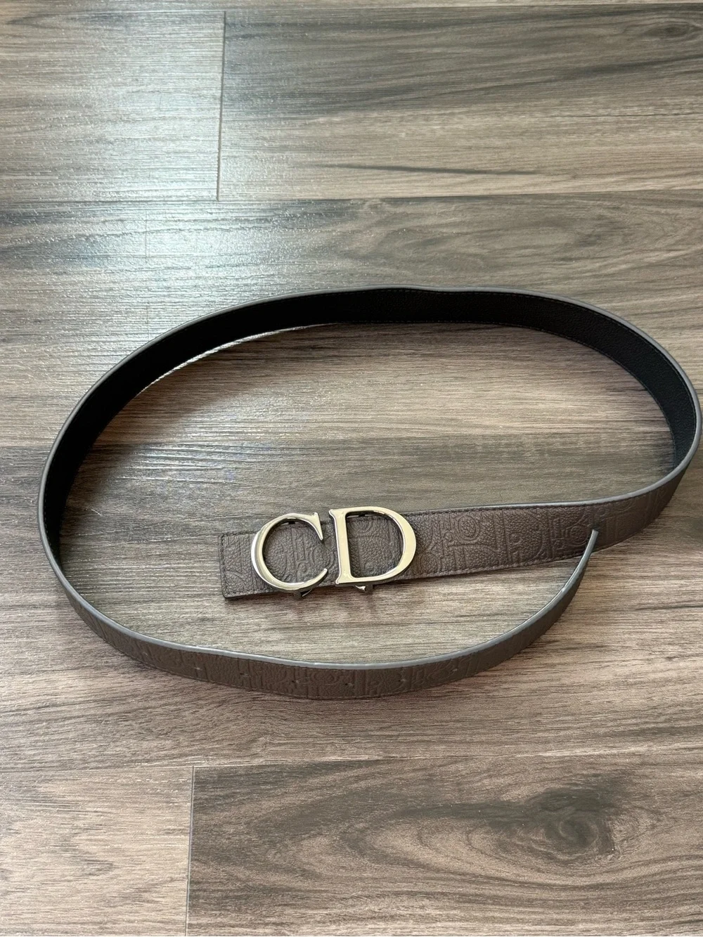 Dior Men's gray Embossed Leather Belt with Gold CD Buckle